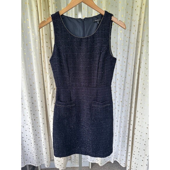 Monteau Navy Metallic Tweed Gold Hardware Trim Front Open Pockets Shift Dress S - Picture 2 of 7